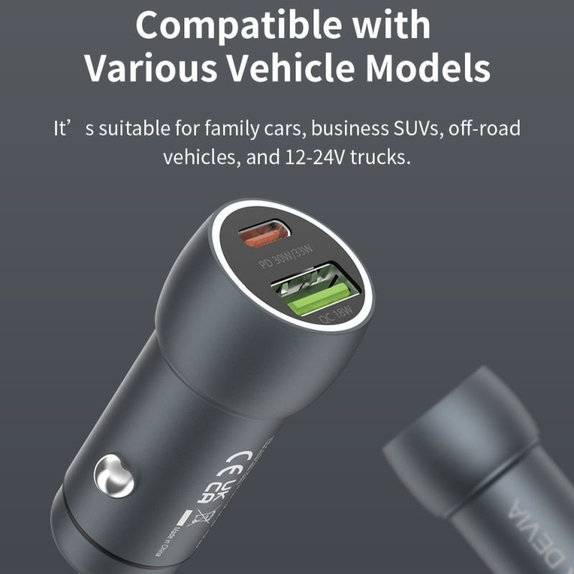 Autonabíjačka Extreme Speed USB-C + USB-A, PD 30W, QC 3.0 18W, sivá, Devia