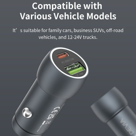 Autonabíjačka Extreme Speed USB-C + USB-A, PD 30W, QC 3.0 18W, sivá, Devia