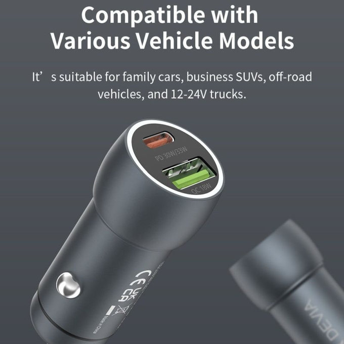 Autonabíjačka Extreme Speed USB-C + USB-A, PD 30W, QC 3.0 18W, sivá, Devia