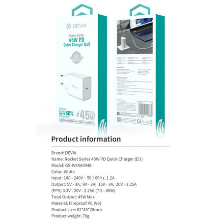 Nabíjací adaptér Rocket USB-C, PD 45W, biela, Devia