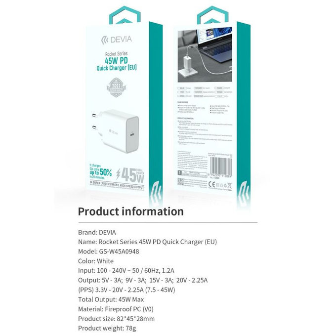Nabíjací adaptér Rocket USB-C, PD 45W, biela, Devia