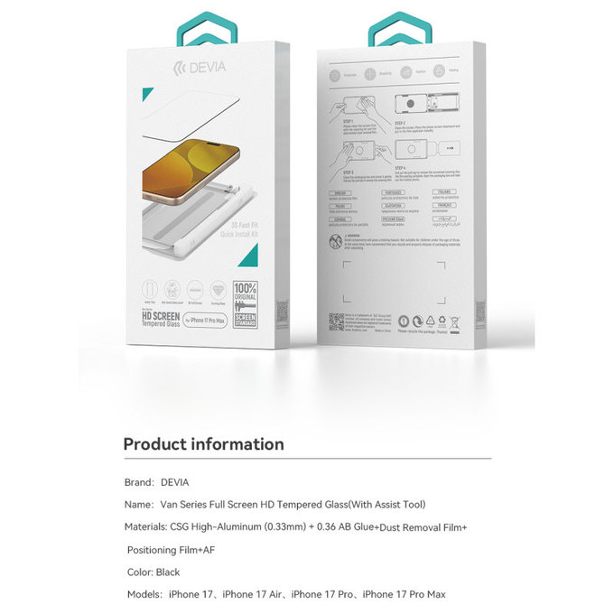 Tvrdené sklo FullCover s aplikátorom pre iPhone 17, Devia