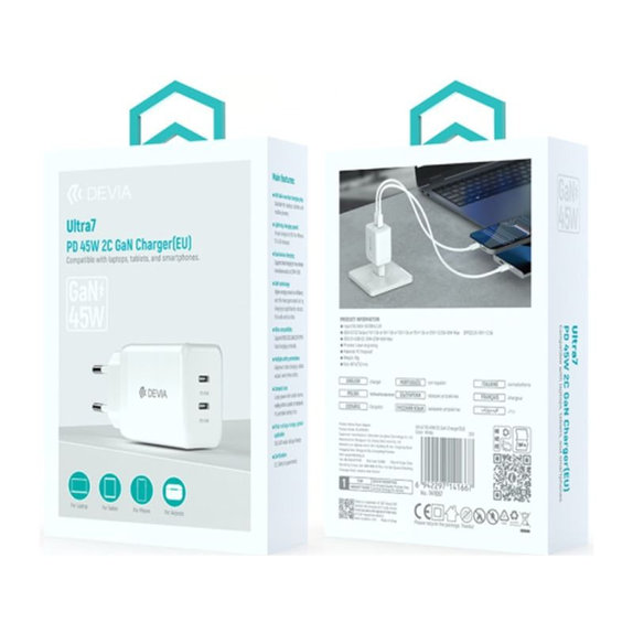 Nabíjací adaptér Ultra7, 2x USB-C, PD 45W, biela, Devia