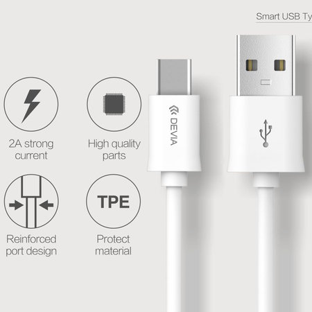 USB / USB-C kábel Smart, 2.1A, 1m, biela, Devia