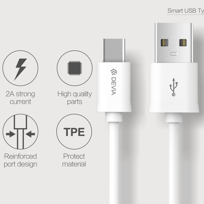USB / USB-C kábel Smart, 2.1A, 1m, biela, Devia