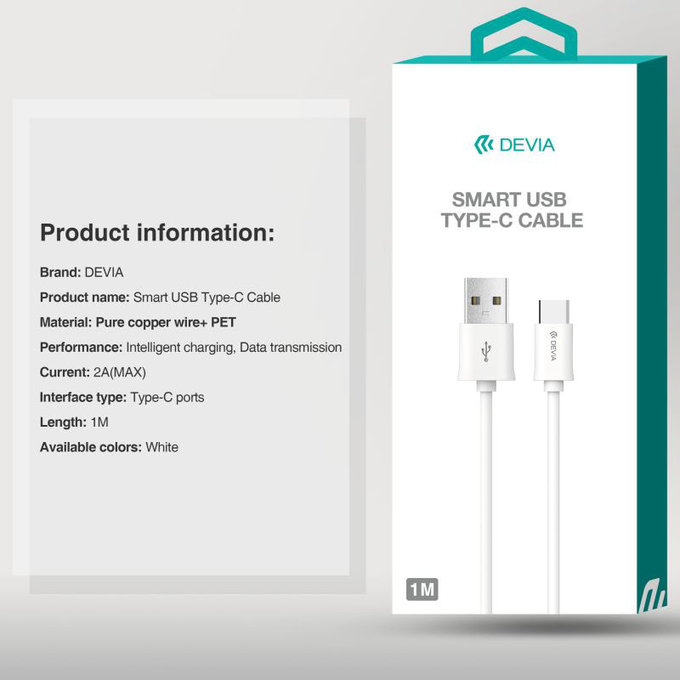USB / USB-C kábel Smart, 2.1A, 1m, biela, Devia