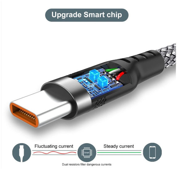 USB-A / USB-C kábel, 6A, 1m, šedý