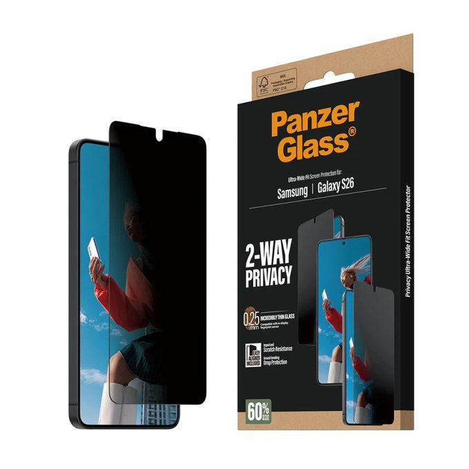 PanzerGlass - Tvrdené sklo UWF 2-Way Privacy s aplikátorom pre Samsung Galaxy S26, číra