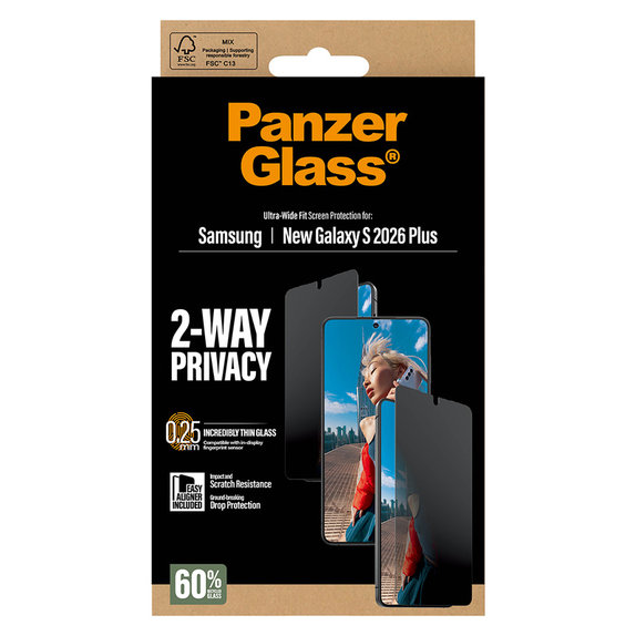 Tvrdené sklo UWF 2-Way Privacy s aplikátorom pre Samsung Galaxy S26+, Číra, PanzerGlass