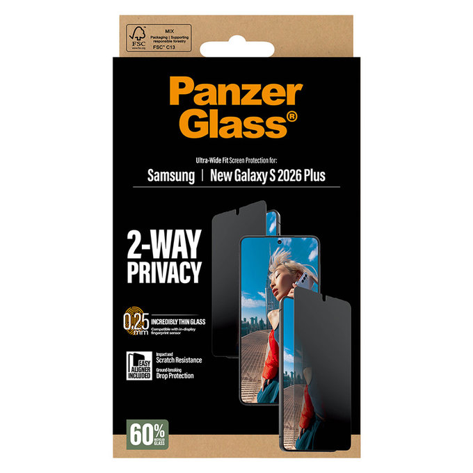 Tvrdené sklo UWF 2-Way Privacy s aplikátorom pre Samsung Galaxy S26+, Číra, PanzerGlass