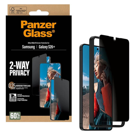 Tvrdené sklo UWF 2-Way Privacy s aplikátorom pre Samsung Galaxy S26+, Číra, PanzerGlass
