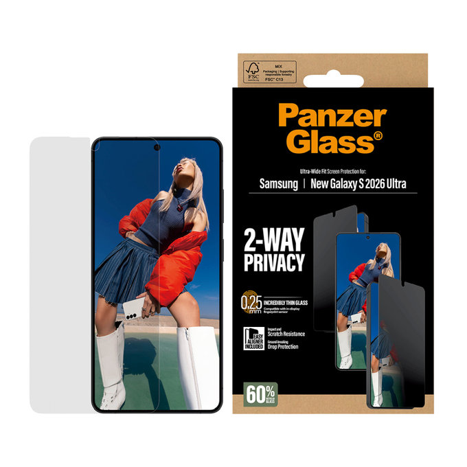 PanzerGlass - Tvrdené sklo UWF 2-Way Privacy s aplikátorom pre Samsung Galaxy S26 Ultra, číra