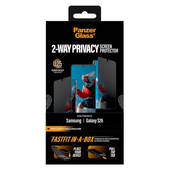 Tvrdené sklo UWF 2-Way Privacy s FASTFIT In-A-Box pre Samsung Galaxy S26, Číra, PanzerGlass