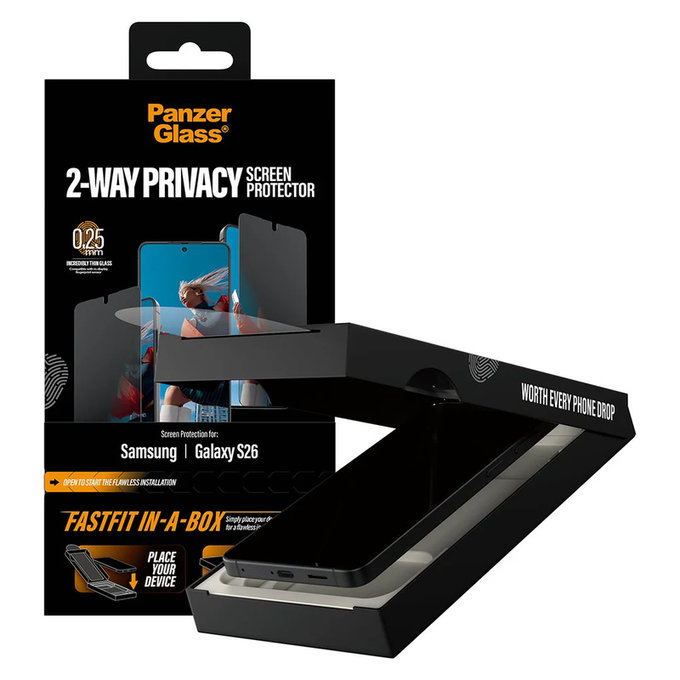 Tvrdené sklo UWF 2-Way Privacy s FASTFIT In-A-Box pre Samsung Galaxy S26, Číra, PanzerGlass