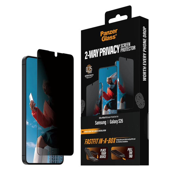 Tvrdené sklo UWF 2-Way Privacy s FASTFIT In-A-Box pre Samsung Galaxy S26, Číra, PanzerGlass