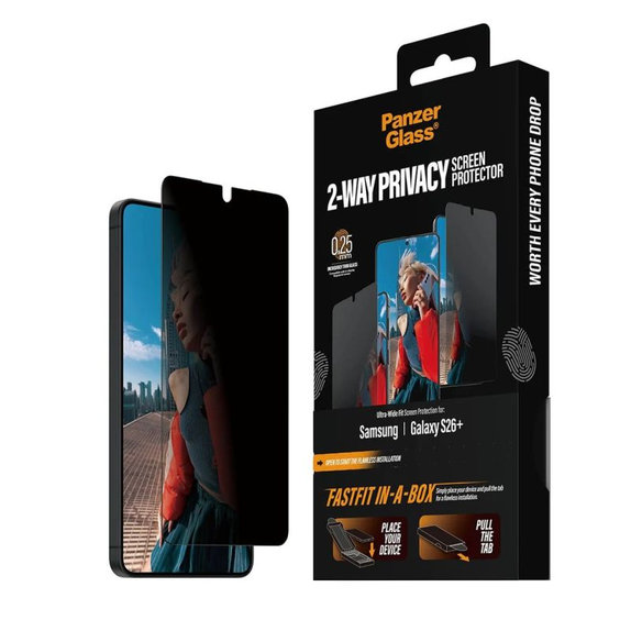 PanzerGlass - Tvrdené sklo UWF 2-Way Privacy s FASTFIT In-A-Box pre Samsung Galaxy S26+, číra
