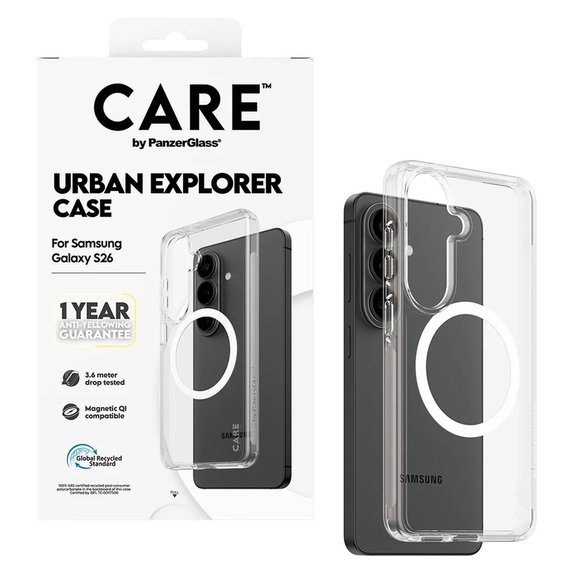 Puzdro Urban Explorer s bielym QI pre Samsung Galaxy S26, Transparentná, PanzerGlass
