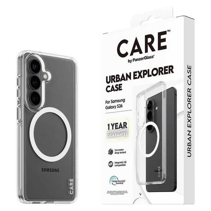 Puzdro Urban Explorer s bielym QI pre Samsung Galaxy S26, Transparentná, PanzerGlass