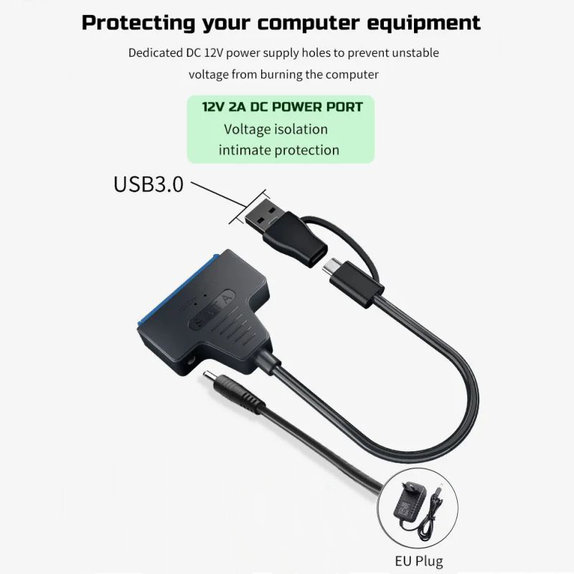 USB 3.0 / USB-C na SATA adaptér pre 2,5" a 3,5" HDD/SSD, s napájacím zdrojom