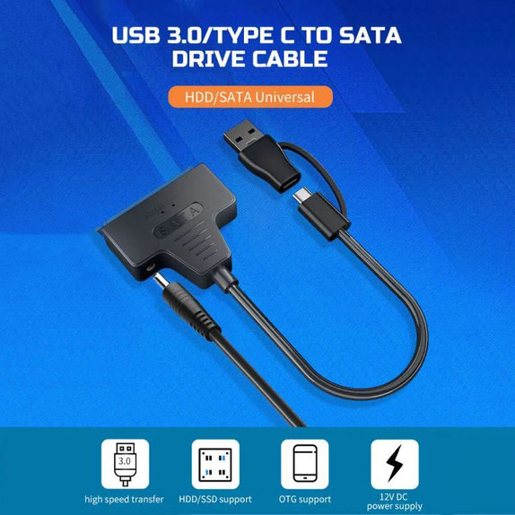 USB 3.0 / USB-C na SATA adaptér pre 2,5" a 3,5" HDD/SSD, s napájacím zdrojom