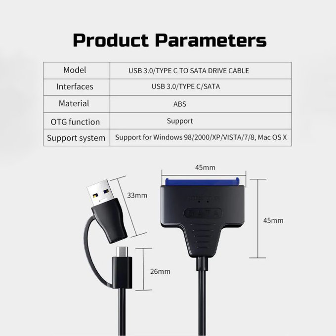 USB 3.0 / USB-C na SATA adaptér pre 2,5" a 3,5" HDD/SSD, s napájacím zdrojom