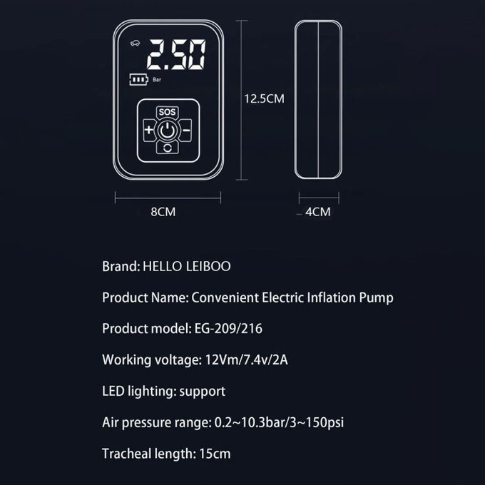 Bezdrôtový kompresor na pneumatiky s digitálnym displejom, 150 PSI, čierny