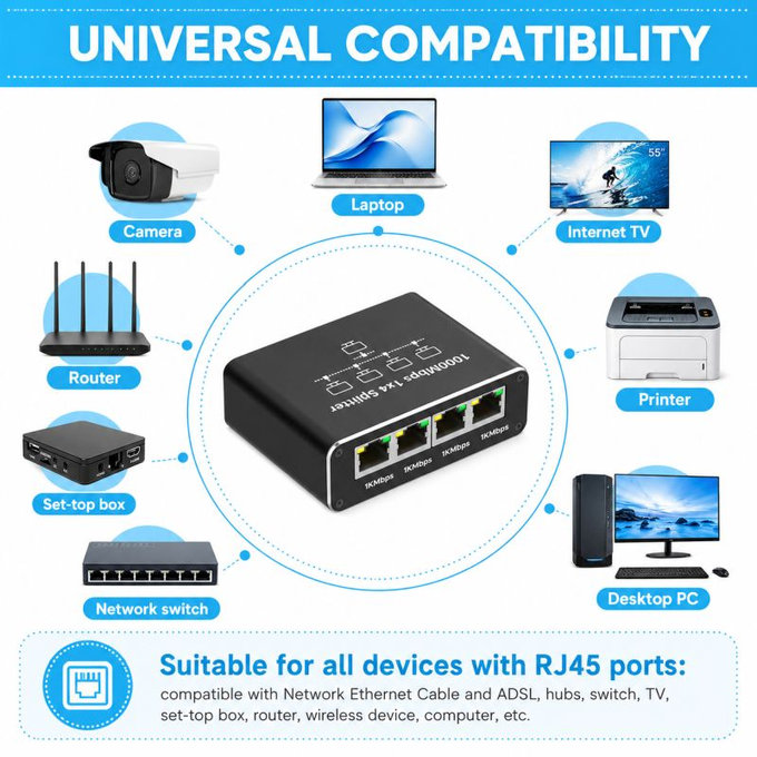 Gigabitový Ethernet switch RJ45, 4 porty, 1000Mbps