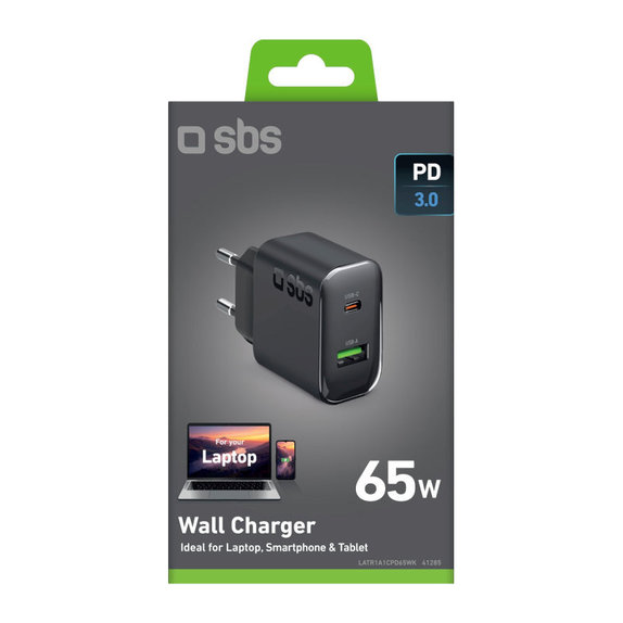 Cestovný adaptér USB-A/USB-C, GaN, 65 W PD, čierna, SBS