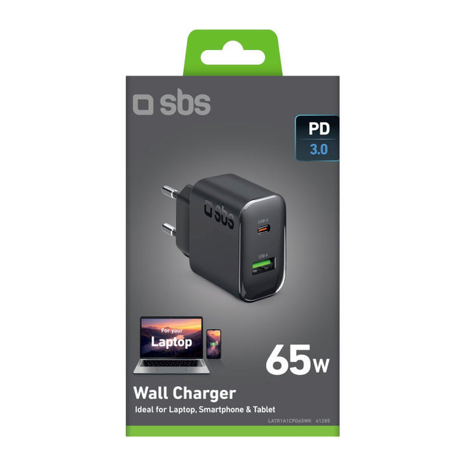Cestovný adaptér USB-A/USB-C, GaN, 65 W PD, čierna, SBS