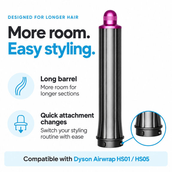 Dlhý kulmovací nadstavec pre Dyson Airwrap HS01, HS05, 30 mm, Nickel / Fuchsia