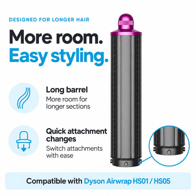 Dlhý kulmovací nadstavec pre Dyson Airwrap HS01, HS05, 40 mm, Nickel / Fuchsia
