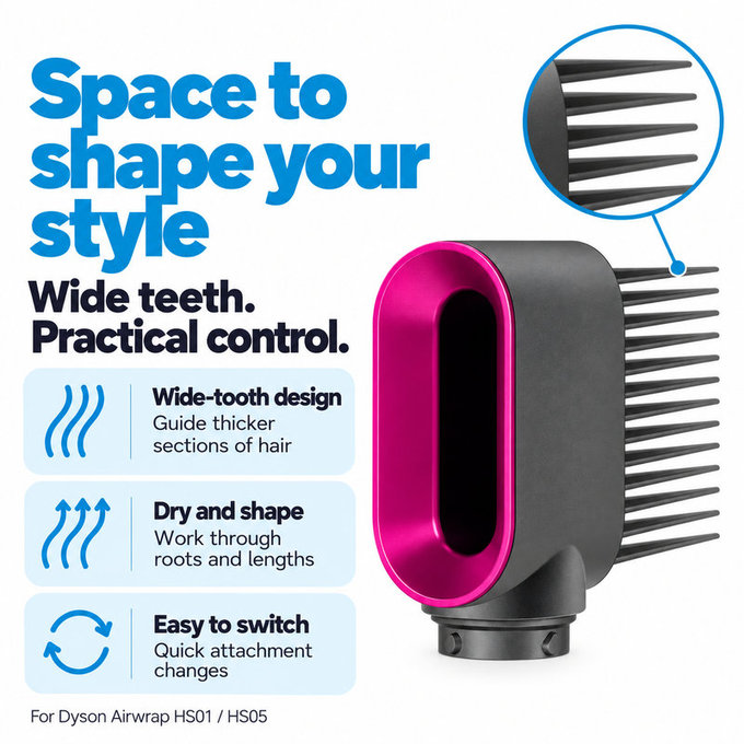 Hrebeň so širokými zubami pre Dyson Airwrap HS01, HS05, Iron / Fuchsia