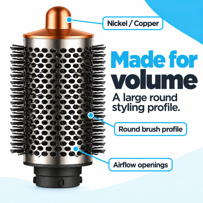 Veľká okrúhla kefa na objem pre Dyson Airwrap HS01, HS05, Nickel / Copper