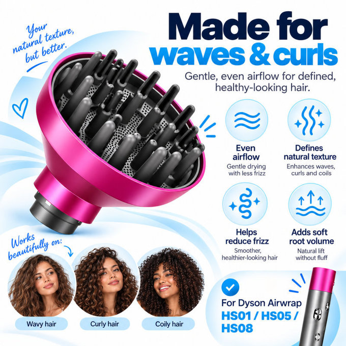 Difuzér Wave + Curl pre Dyson Airwrap HS01, HS05, HS08, Fuchsia