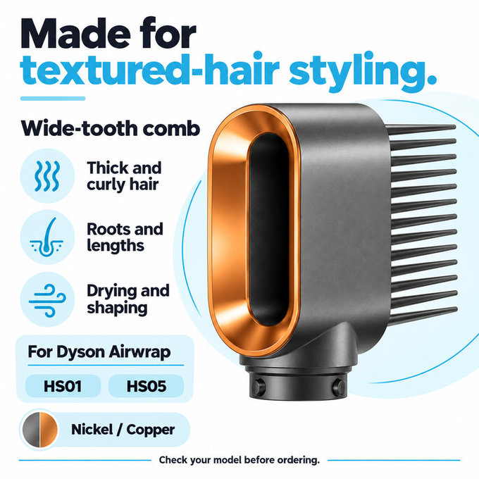 Hrebeň so širokými zubami pre Dyson Airwrap HS01, HS05, Nickel / Copper