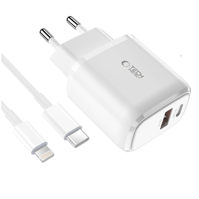 Sieťová nabíjačka C20W 2-PORT PD 20W / QC3.0 + Lightning Cable, biela, Tech-Protect