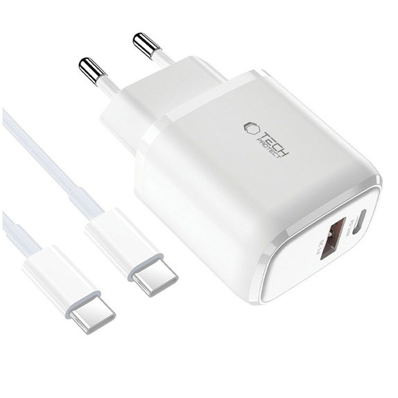 Sieťová nabíjačka C20W 2-PORT PD 20W / QC3.0 + USB-C Cable, biela, Tech-Protect