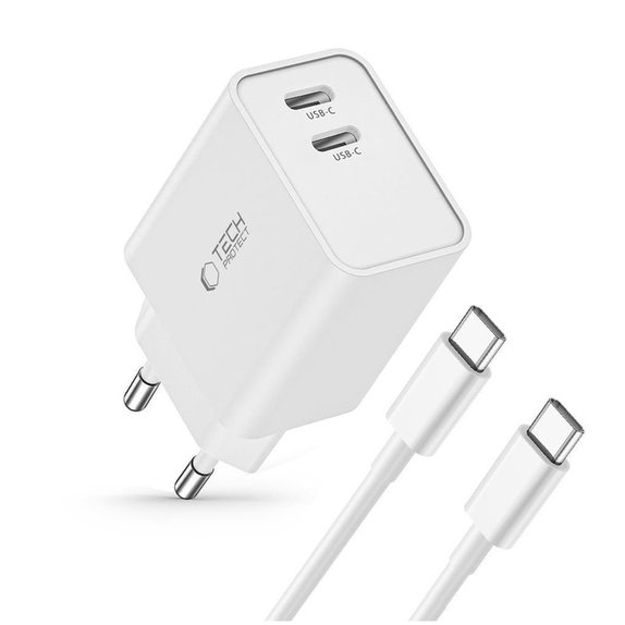 Sieťová nabíjačka C35W 2-PORT PD 35W + USB-C Cable, biela, Tech-Protect