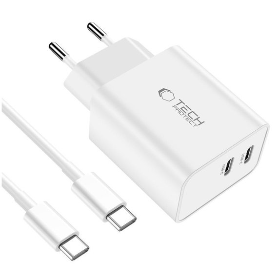 Sieťová nabíjačka C35W 2-PORT PD 35W + USB-C Cable, biela, Tech-Protect