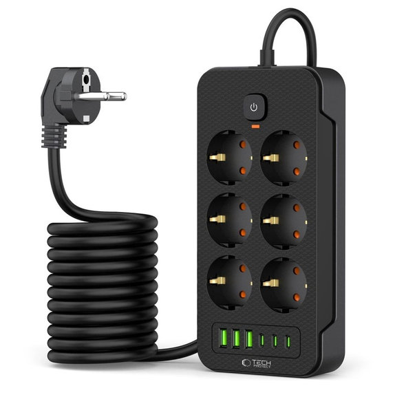 Predlžovací kábel PC6X6 Power Strip, 3× USB + 3× USB-C, 6 zásuviek, 200 cm, čierna, Tech-Protect