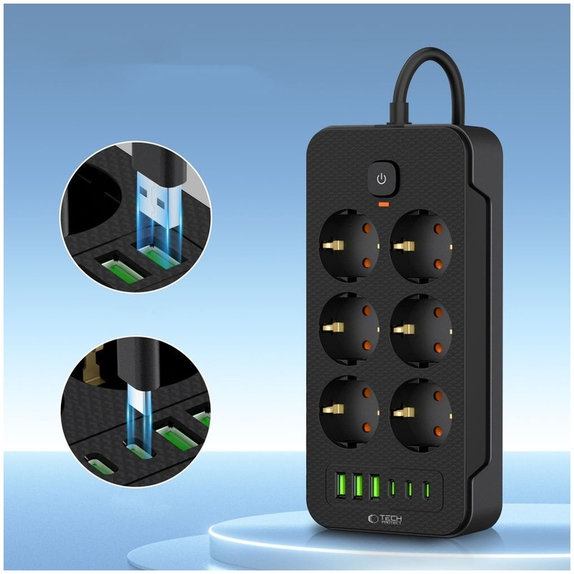 Predlžovací kábel PC6X6 Power Strip, 3× USB + 3× USB-C, 6 zásuviek, 200 cm, čierna, Tech-Protect