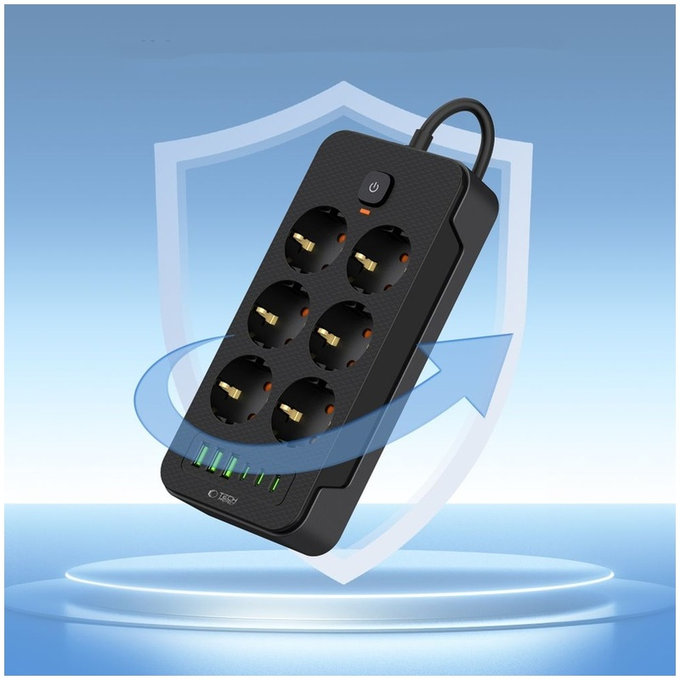 Predlžovací kábel PC6X6 Power Strip, 3× USB + 3× USB-C, 6 zásuviek, 200 cm, čierna, Tech-Protect