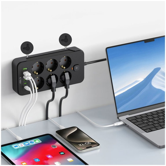Predlžovací kábel PC6X6 Power Strip, 3× USB + 3× USB-C, 6 zásuviek, 200 cm, čierna, Tech-Protect