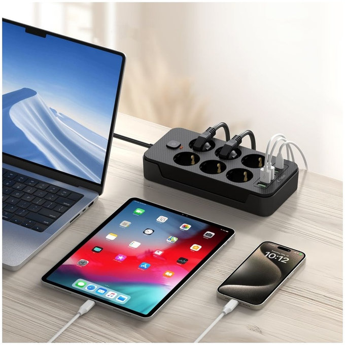 Predlžovací kábel PC6X6 Power Strip, 3× USB + 3× USB-C, 6 zásuviek, 200 cm, čierna, Tech-Protect