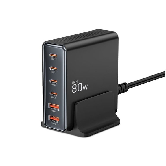 Sieťová nabíjačka DC80W-GAN 6-PORT PD 80W / QC3.0, čierna, Tech-Protect