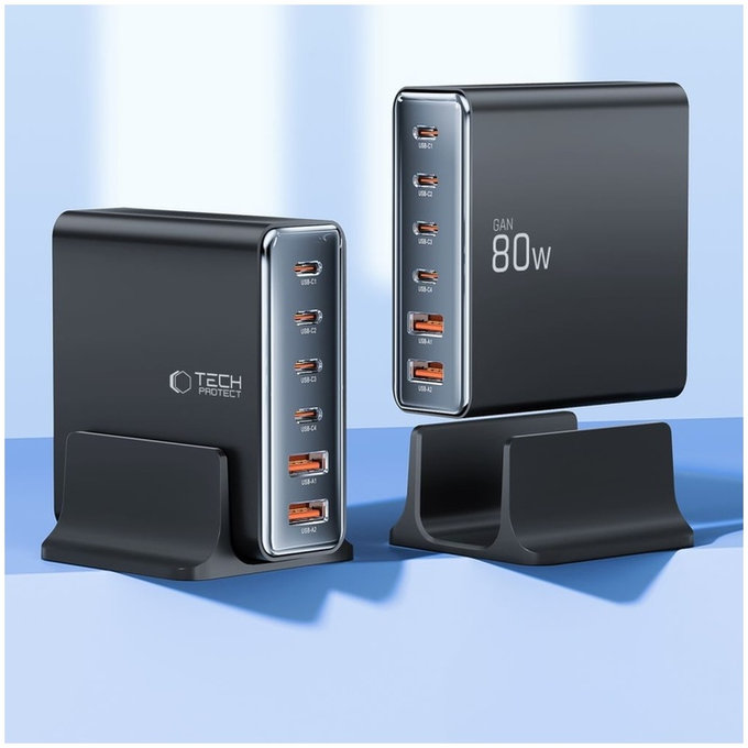 Sieťová nabíjačka DC80W-GAN 6-PORT PD 80W / QC3.0, čierna, Tech-Protect