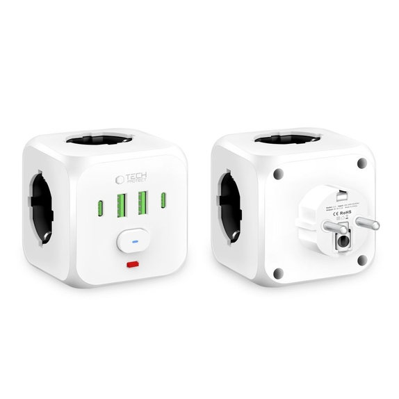 Predlžovací kábel PCL3X4 Power Socket, 2× USB + 2× USB-C, 3 zásuvky, biela, Tech-Protect