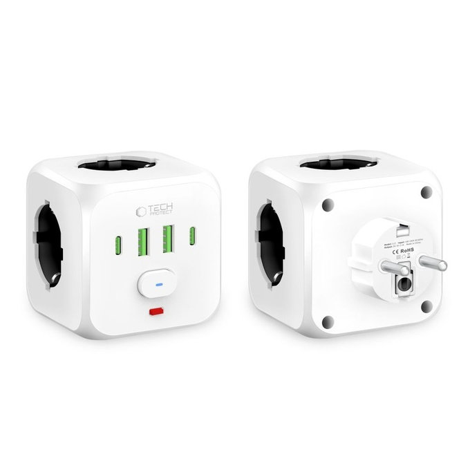 Predlžovací kábel PCL3X4 Power Socket, 2× USB + 2× USB-C, 3 zásuvky, biela, Tech-Protect