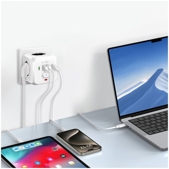 Predlžovací kábel PCL3X4 Power Socket, 2× USB + 2× USB-C, 3 zásuvky, biela, Tech-Protect