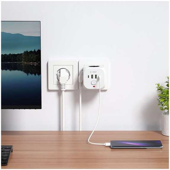 Predlžovací kábel PCL3X4 Power Socket, 2× USB + 2× USB-C, 3 zásuvky, biela, Tech-Protect